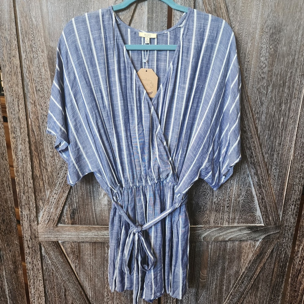 Kori America Shorts Romper Women's Size M Blue & White Stripes Kimono Top New